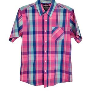 American Rag Mens Small Pink Blue Plaid Short Sleeve Button Down Shirt Pinhole